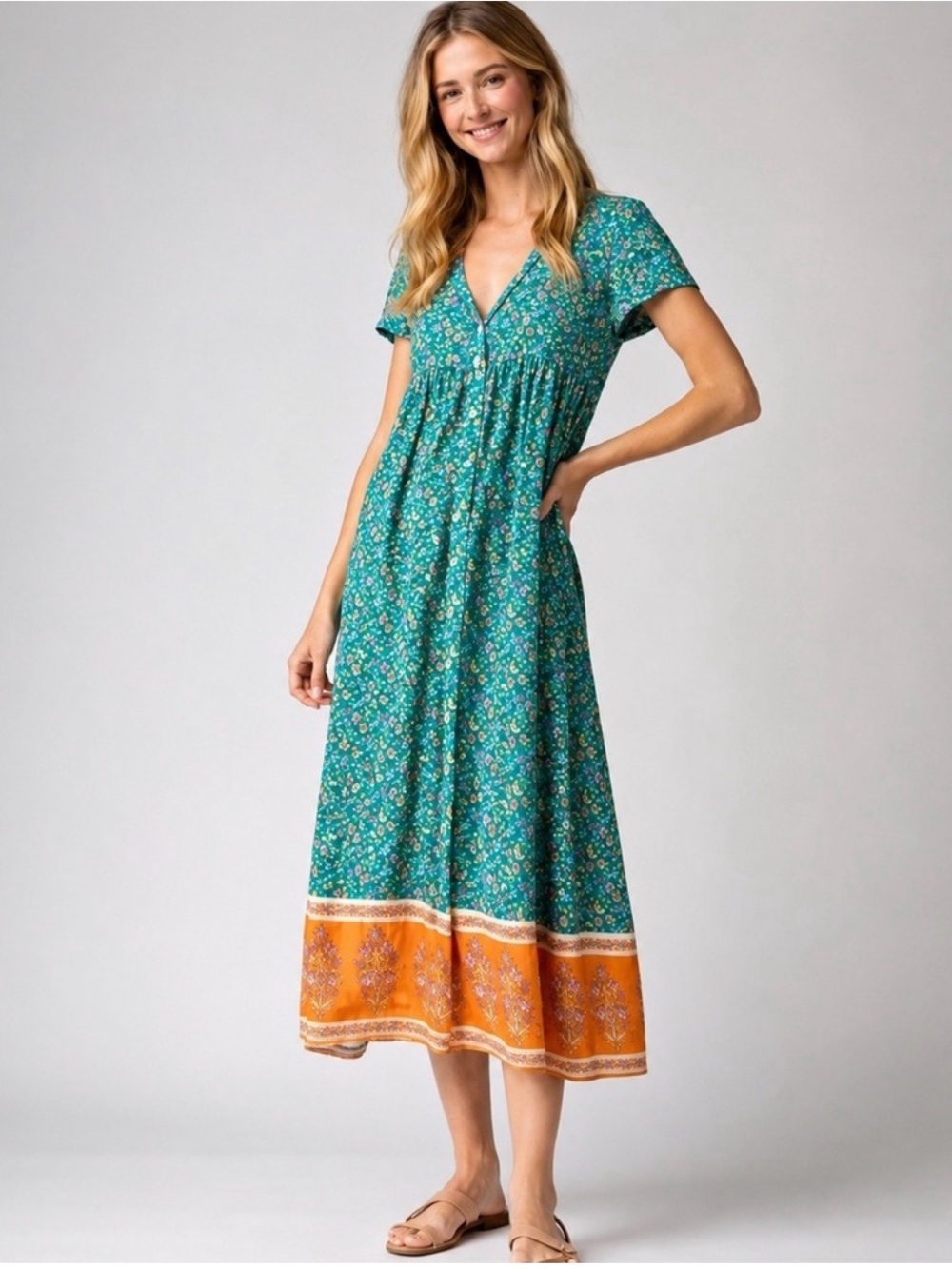 Natural Life Rebecca Womens Floral Rayon Midi Dress Teal Green Orange Medium NEW